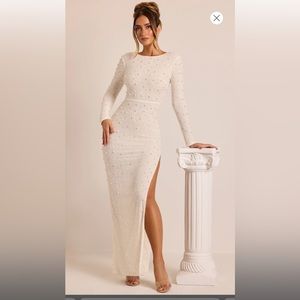 EMBELLISHED LONG SLEEVE BACKLESS MAXI DRESS IN WHITE OH POLLY VIENNA DRESS